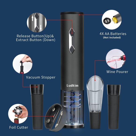5-in-1 Electric Wine Opener Set with Foil Cutter, Aerator & Vacuum Stoppers - Picture 4 of 7